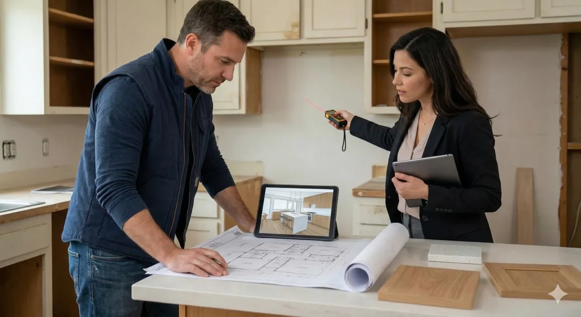 Contractors and a designer reviewing blueprints and a digital 3D kitchen model during a home renovation.